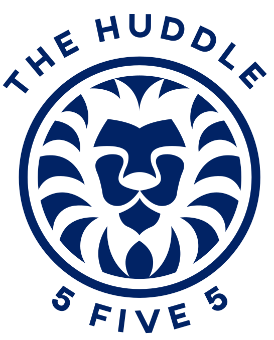 Blue circular lion logo with "The Huddle