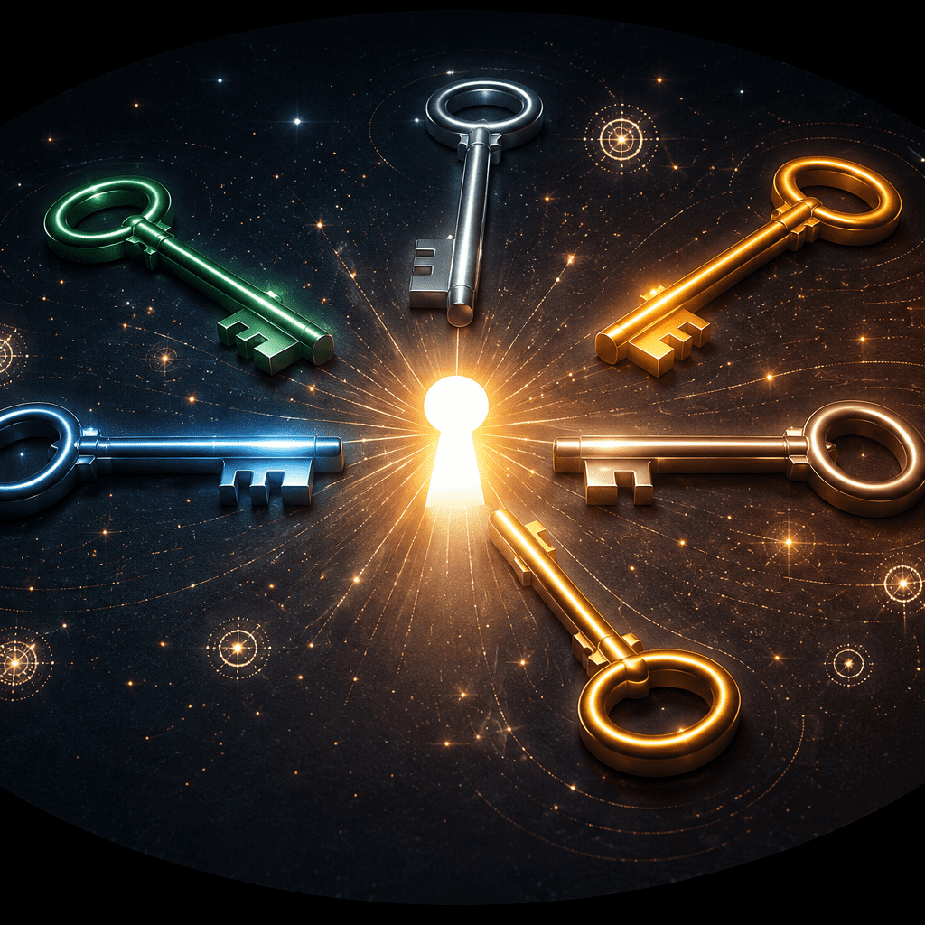 Six colorful keys arranged around glowing keyhole