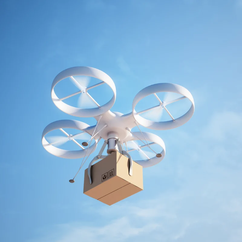 Delivery drone carrying cardboard package in sky