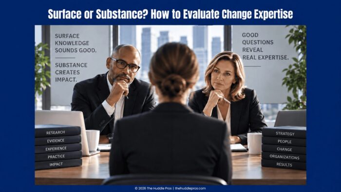 Two organizational leaders interviewing a change practitioner, illustrating how good questions reveal substantive change expertise.